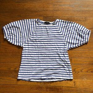 J. Crew Blue and White Striped Puff Sleeve Top